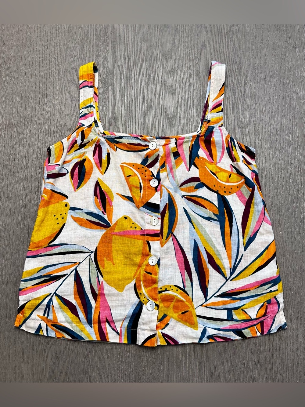 C&C California 100% Linen Lemon Print Crop Tank Top Tropical Button Front Size S